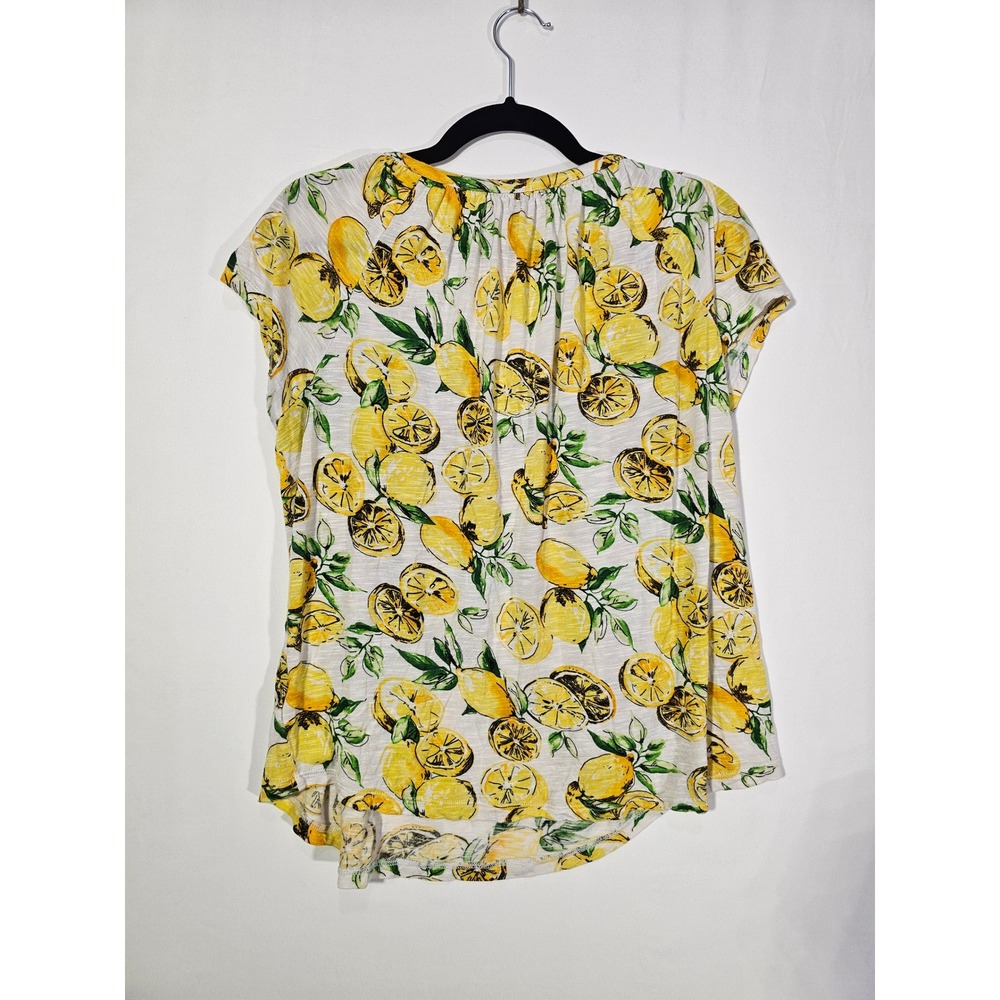 Summer Fruit Lemon Print Chaps Lace Up Blouse Womens Large Yellow White - Picture 2 of 6